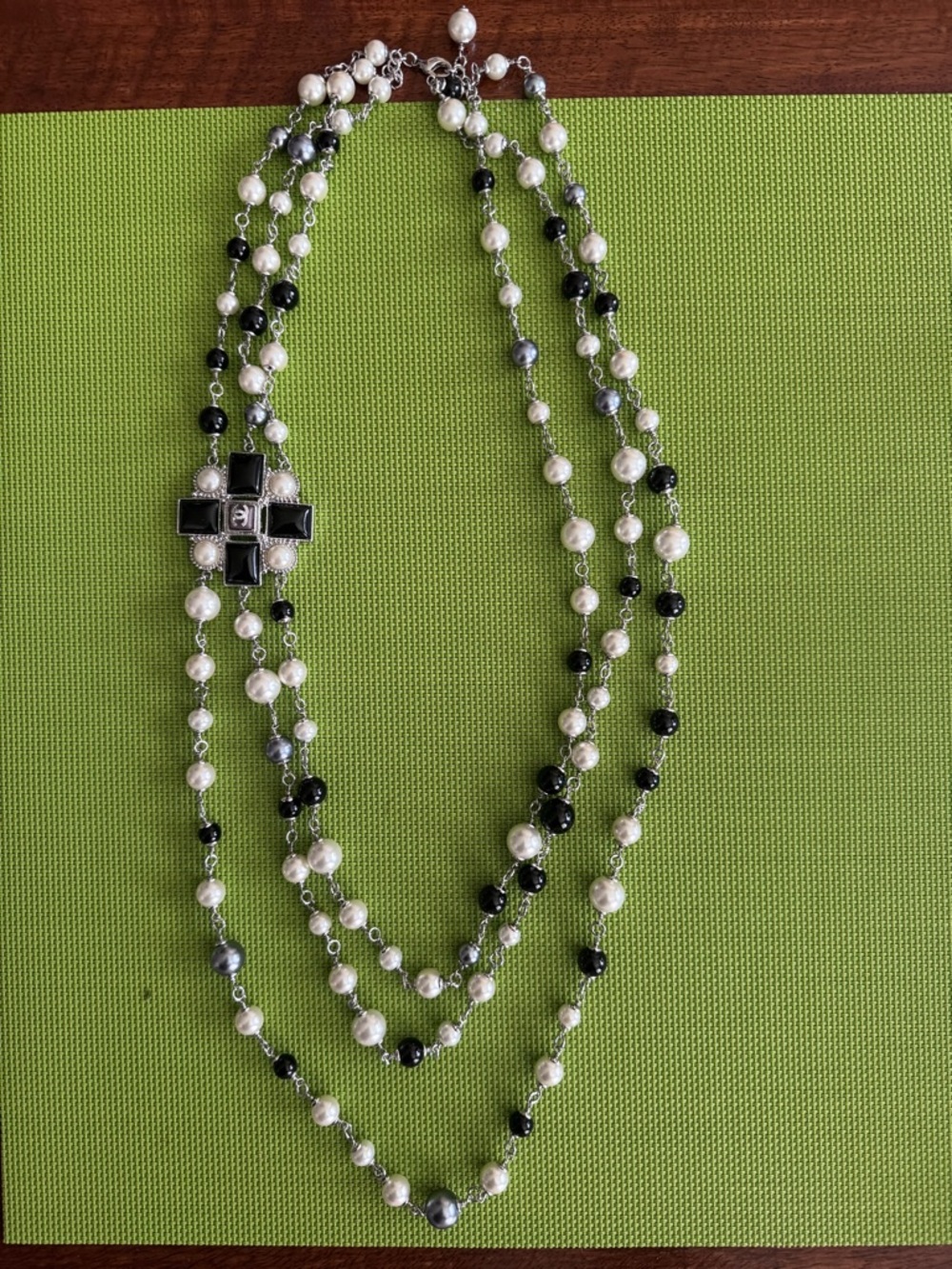 Three-Strand Black and White Beaded Cross Necklace